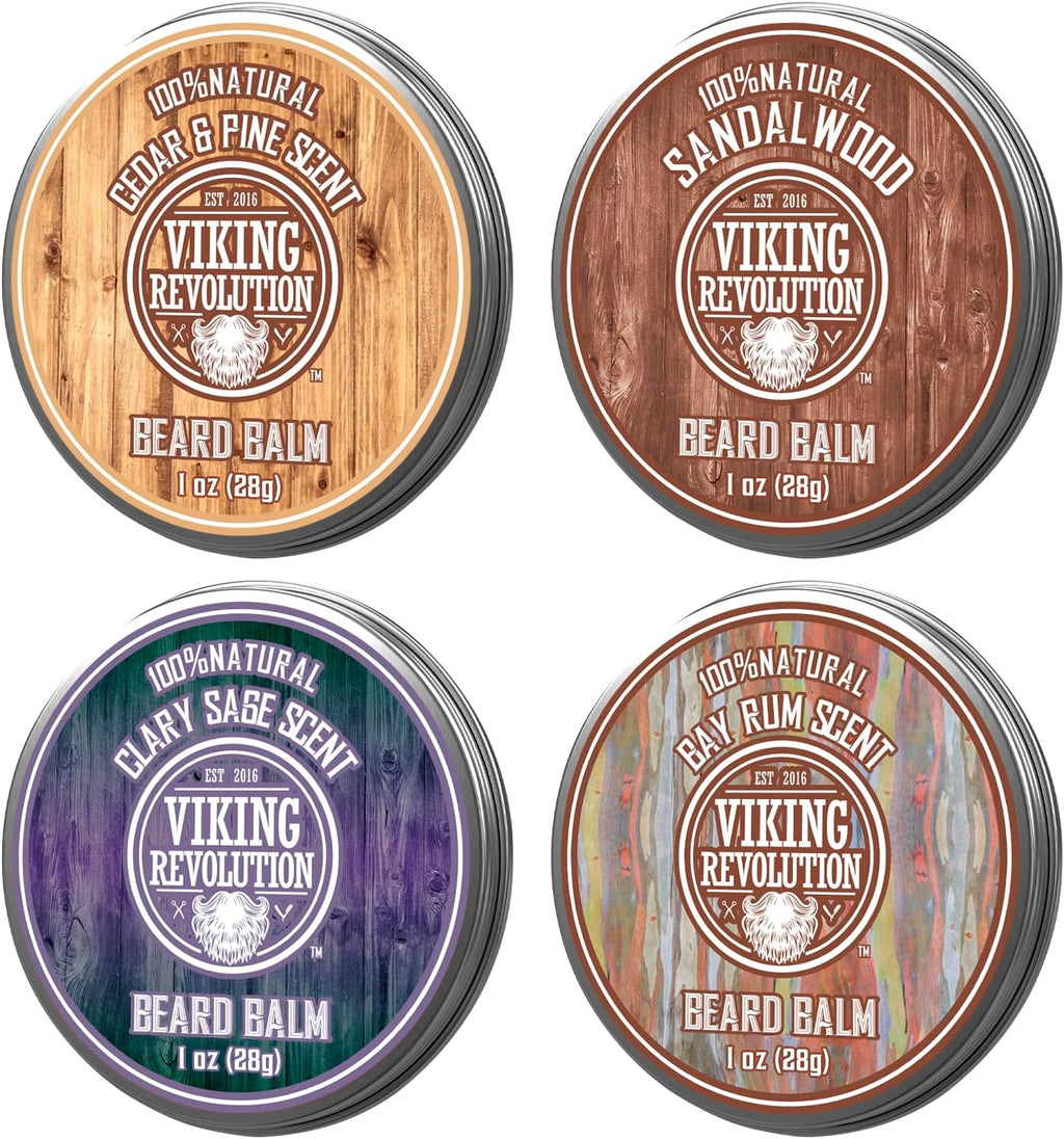 Viking Revolution 4 Beard Balm Variety Pack (1oz Each) - Sandalwood, Pine & Cedar, Bay Rum, Clary Sage - Styles, Strengthens and Softens Beards and Mustaches - Wax for Men