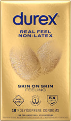 Durex Real Feel Non Latex Condoms, Lubricated Latex Free Condoms for Men, Natural Skin on Skin Feeling, 10 Count
