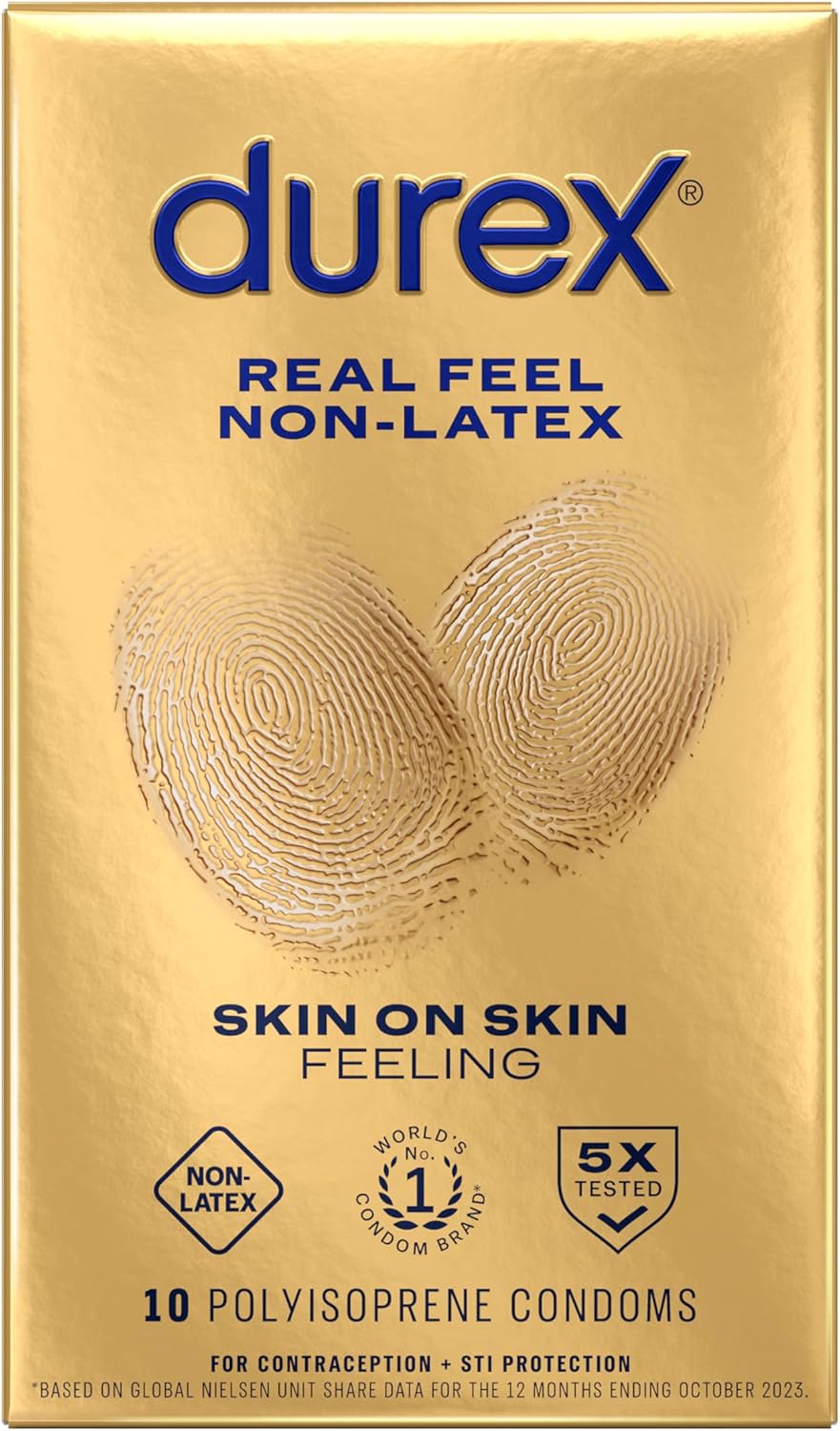 Durex Real Feel Non Latex Condoms, Lubricated Latex Free Condoms for Men, Natural Skin on Skin Feeling, 10 Count