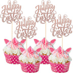 24 Pack Happy Easter Cupcake Toppers with Gold Glitter Rabbit Ear Cupcake Food Picks Bunny Paw Cake Decorations for Happy Easter Themed Baby Shower Kids Birthday Party Supplies Rose Gold