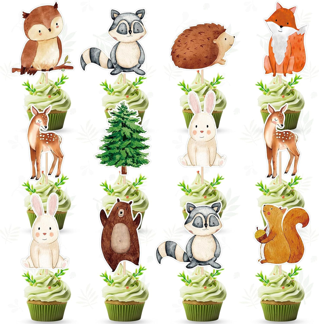 45 Pcs Woodland Creatures Happy Birthday Cupcake Toppers - Woodland Animals Baby Shower Party Decorations, Woodland Animals Themed Cake Decorations for Party Supplies Decor Kids, Boys, Girls