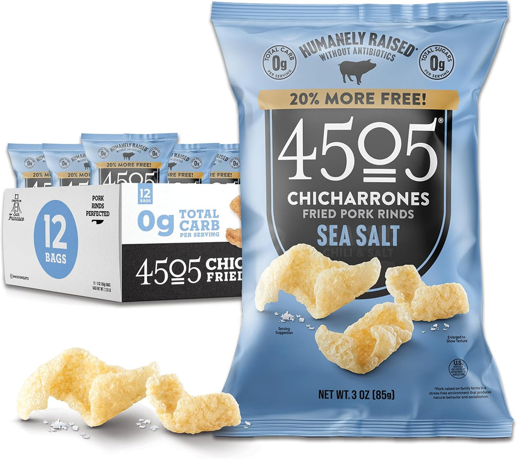 4505 Sea Salt Seasoned Chicharrones, Fried Pork Rinds - Sea Salt Flavored Pork Skins - Low Carb, Gluten-Free, Protein Snack - 3oz (Pack of 12)
