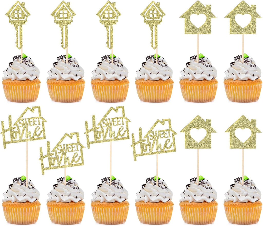 24 Pcs Sweet Home Cupcake Toppers - Gold Glitter Key New Home Cupcake Picks - Housewarming Party Decorations