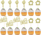 24 Pcs Sweet Home Cupcake Toppers - Gold Glitter Key New Home Cupcake Picks - Housewarming Party Decorations