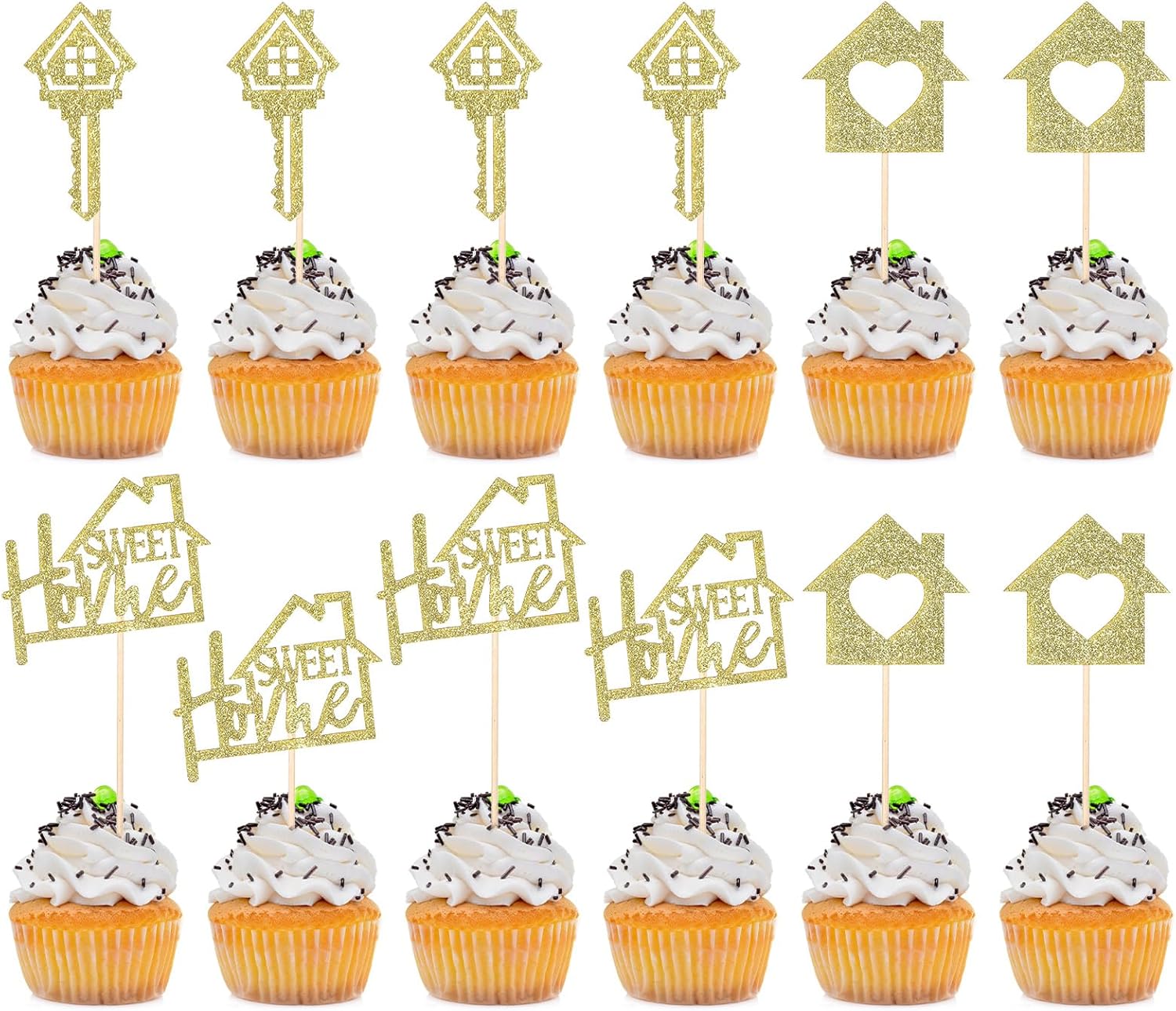 24 Pcs Sweet Home Cupcake Toppers - Gold Glitter Key New Home Cupcake Picks - Housewarming Party Decorations