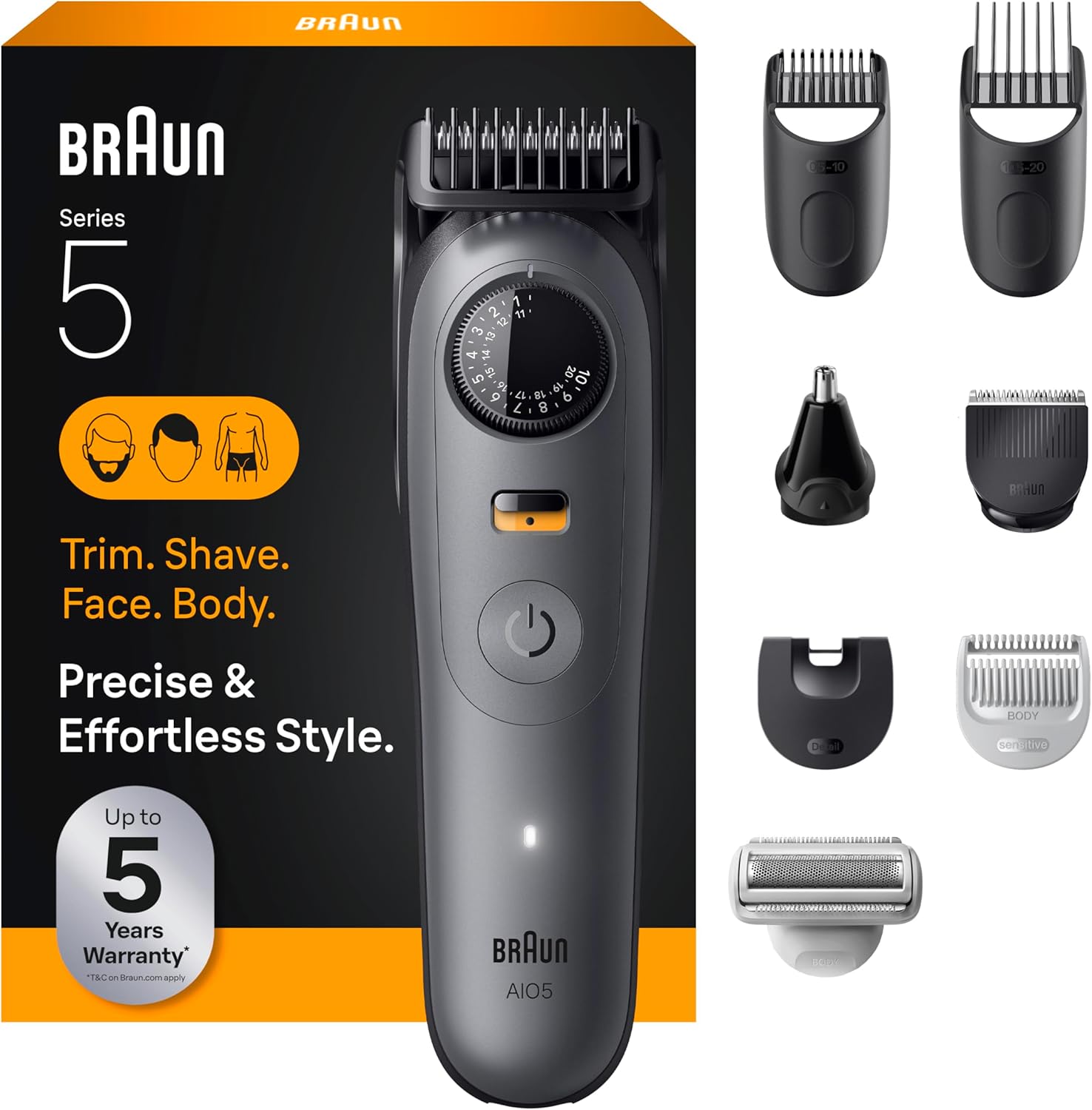 Braun Series 5 All-in-One Beard & Body Grooming Kit for Men, Cordless Trimmer, Hair Clippers & Shaver for Face, Hair & Body with Smooth Shave Head, AIO 5510