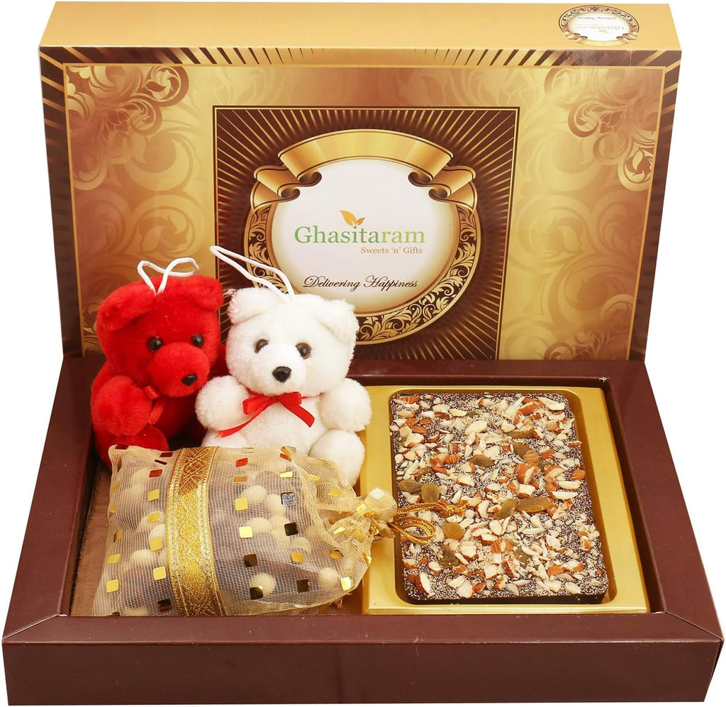 Ghasitaram Gifts Valentines Gift Valentines Day Chocolates for Girlfriend/Boyfriend/Husband and Wife Sugarfree Chocolate Dark Dryfruit Sugarfree Chocolate Bark Big with Teddies and Nutties