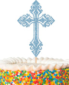 Cross Cake Topper - Glitter Sky Blue Baptism Cake Decor for Baby Shower, God Bless or Holy Communion (Sky Blue)