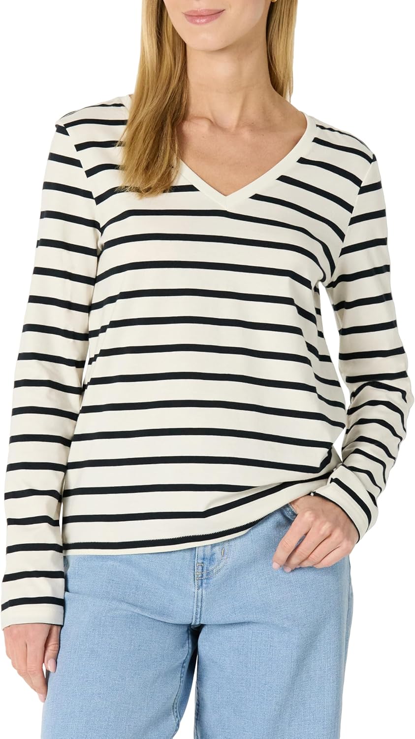 Amazon Essentials Women's 100% Cotton Regular-Fit Long-Sleeve V-Neck T-Shirt