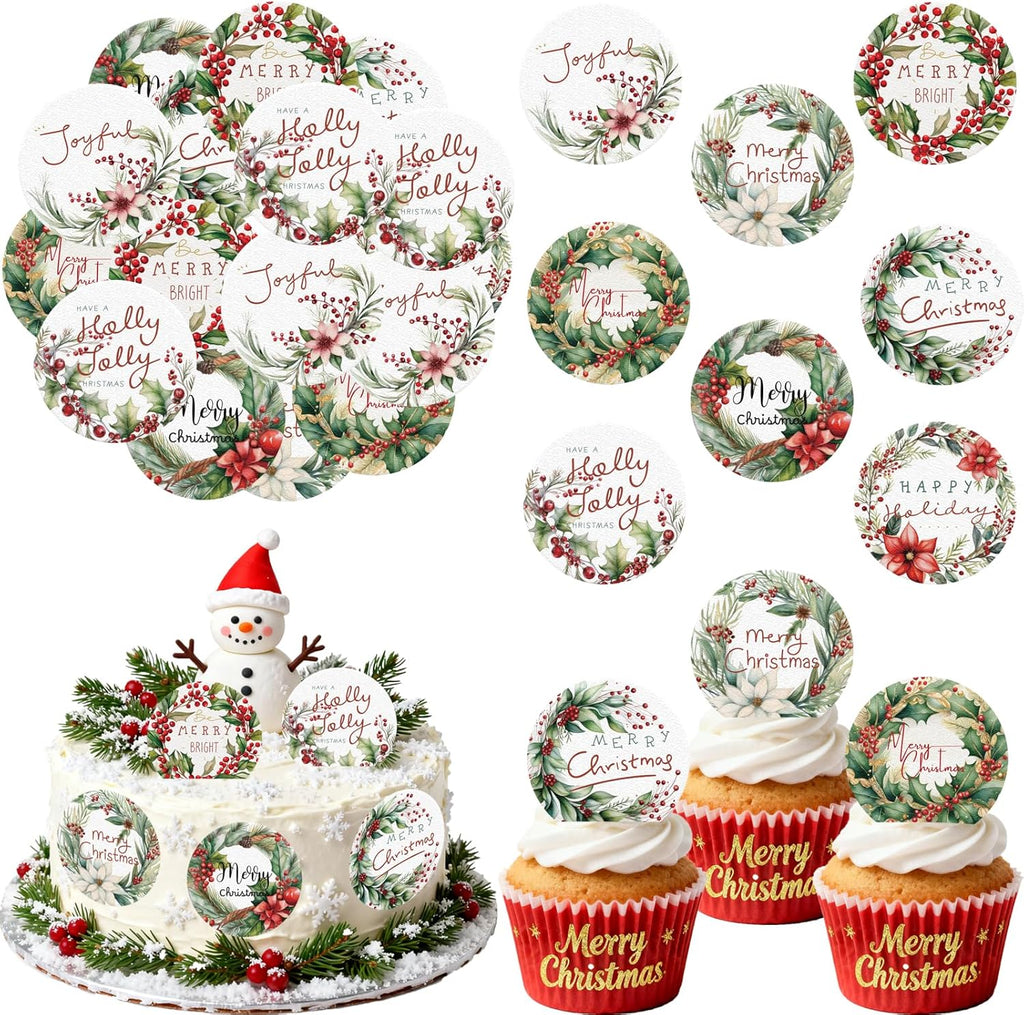36PCS Edible Merry Christmas Cupcake Toppers Wafer Paper Holly Jolly Cupcake Toppers Holly Leaves Berry Cake Picks for Christmas Theme Party Baby Shower Birthday Supplies