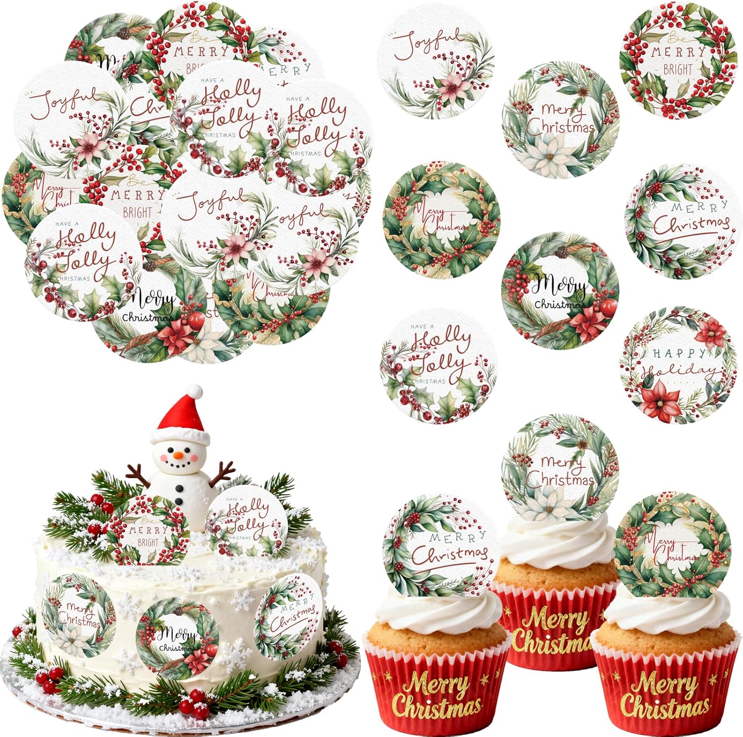 36PCS Edible Merry Christmas Cupcake Toppers Wafer Paper Holly Jolly Cupcake Toppers Holly Leaves Berry Cake Picks for Christmas Theme Party Baby Shower Birthday Supplies