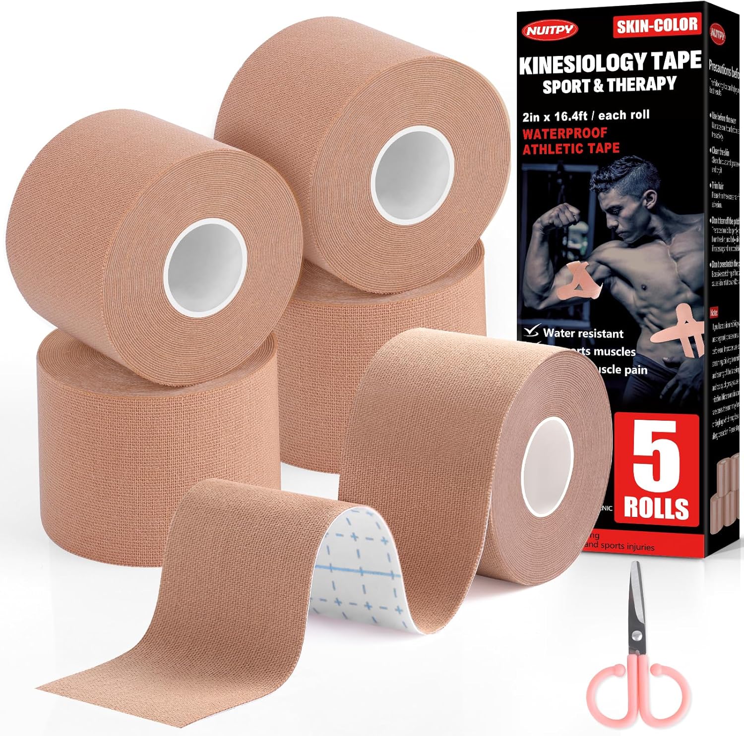5 Rolls Kinesiology Tape, 2 inch x 16.4 Feet Waterproof Athletic Tape, Uncut Kinetic Tape, Muscle Tape, Sports Tape, Knee Tape for Exercise and Daily Use - Skin Color
