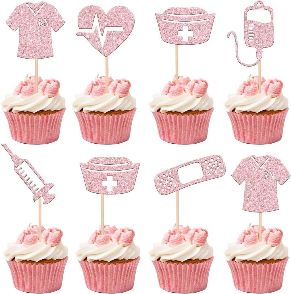 Rsstarxi 24 Pack Nurse Cupcake Toppers Nurse Decorations for Party Nursing Cupcake Picks Nurse Graduation Cake Decorations for Medical Rn Nurse Grad Themed Birthday Party Decorations Pink, Design 4