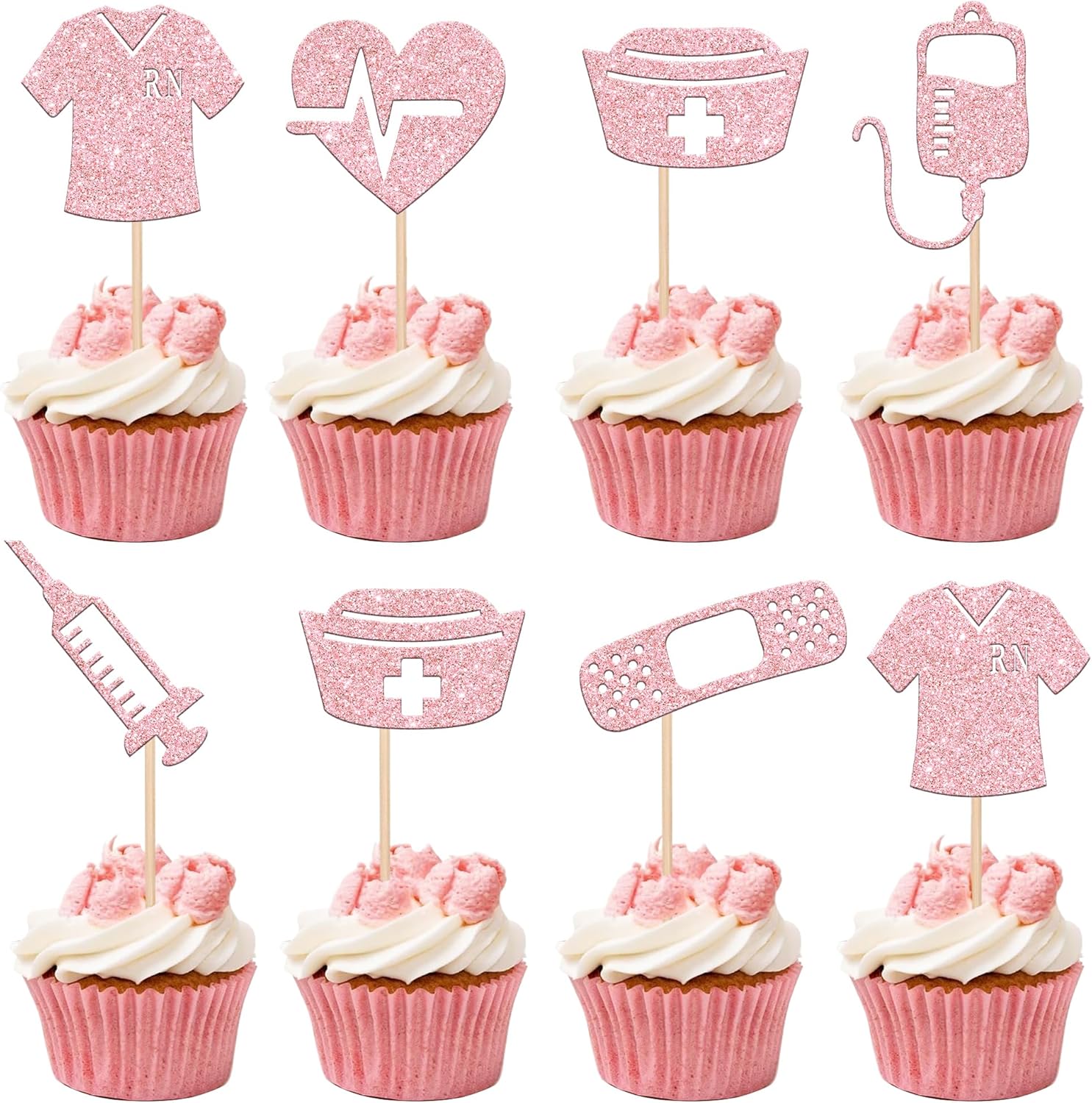 Rsstarxi 24 Pack Nurse Cupcake Toppers Nurse Decorations for Party Nursing Cupcake Picks Nurse Graduation Cake Decorations for Medical Rn Nurse Grad Themed Birthday Party Decorations Pink, Design 4