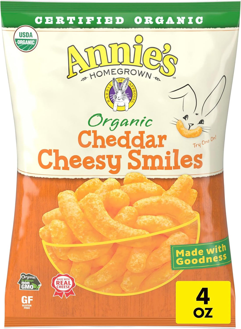 Annie's Organic Cheddar Cheesy Smiles, Baked Corn Puffs, Gluten Free, 4 oz