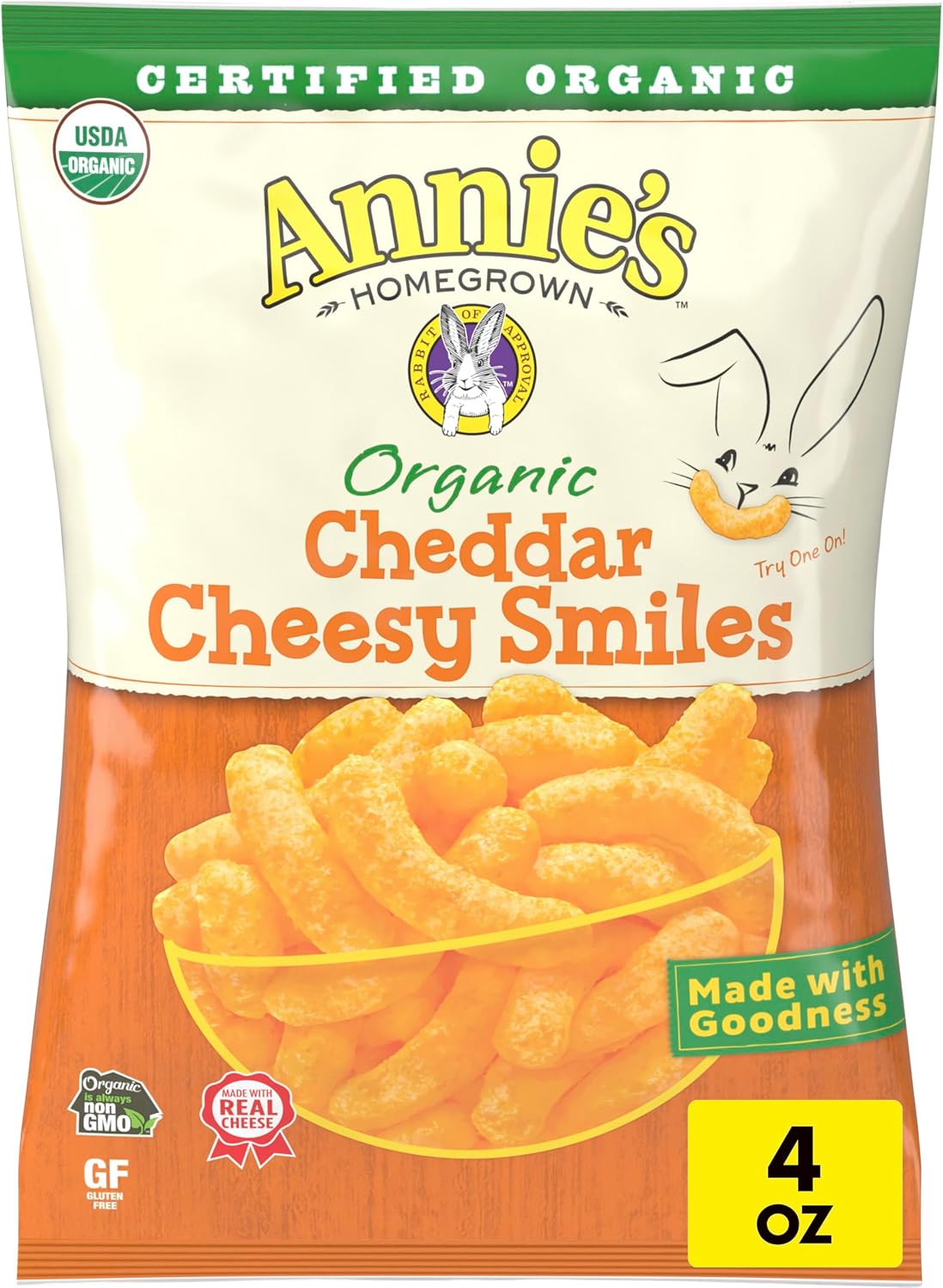 Annie's Organic Cheddar Cheesy Smiles, Baked Corn Puffs, Gluten Free, 4 oz
