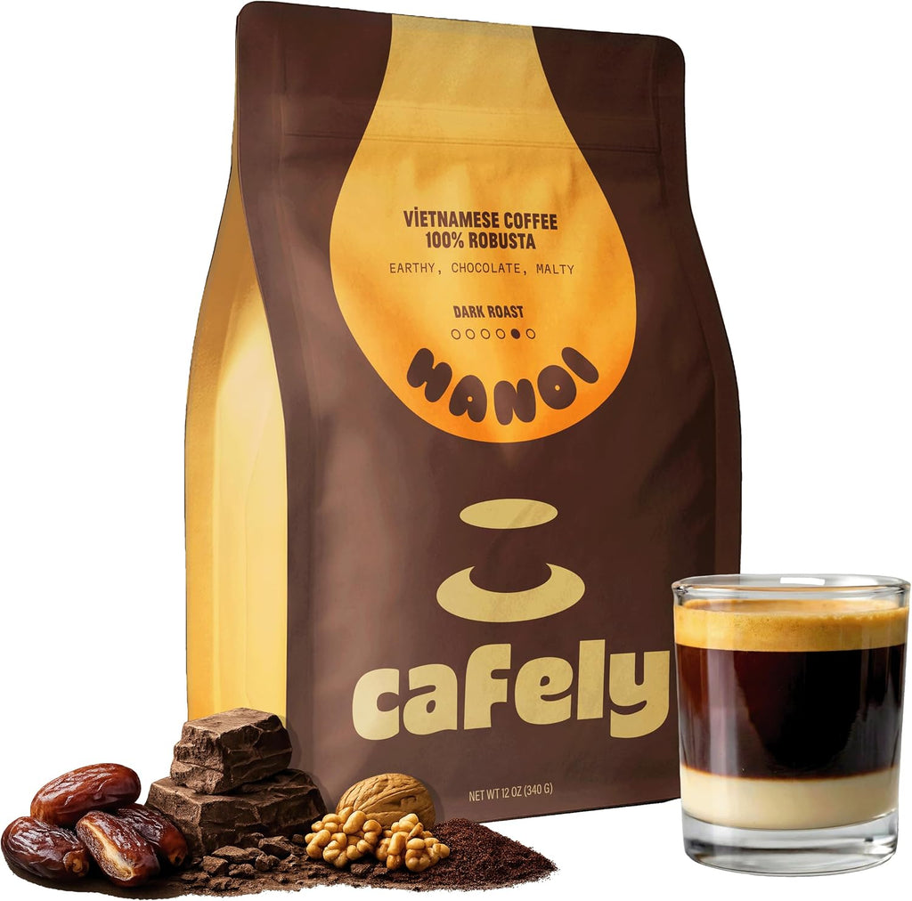 Cafely HaNoi - 100% Robusta Ground Vietnamese Coffee – Dark Roast, High Caffeine (Bold & Punchy), Full Body, Low Acid, Single Origin, Direct Trade, For Phin, French Press, Cold Brew, 12 oz
