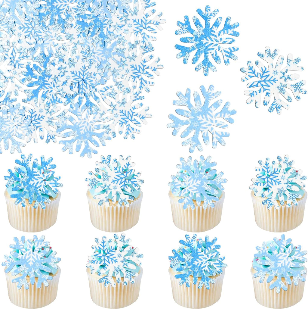 Gyufise 50Pcs Edible Snowflake Cupcake Cake Toppers Wafer Paper Snowflake Cake Decorations for Christmas Winter Frozen Theme Party Supply Decoration Multi Blue