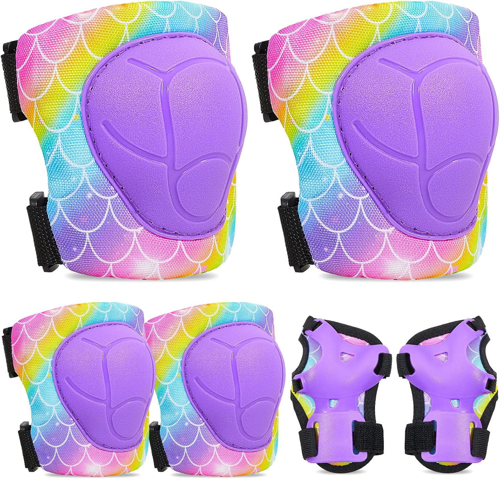 FIODAY Knee Pads for Kids Adjustable Kids Knee Pads and Elbow Pads with Wrist Guard for Girls Roller Skates Cycling Bike Skateboard Scooter Knee Pads, 3-8 Years,Rainbow Mermaid