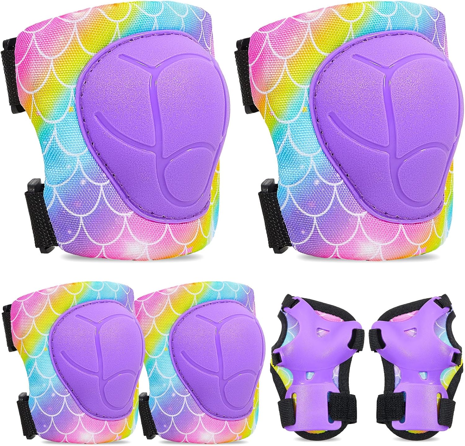 FIODAY Knee Pads for Kids Adjustable Kids Knee Pads and Elbow Pads with Wrist Guard for Girls Roller Skates Cycling Bike Skateboard Scooter Knee Pads, 3-8 Years,Rainbow Mermaid