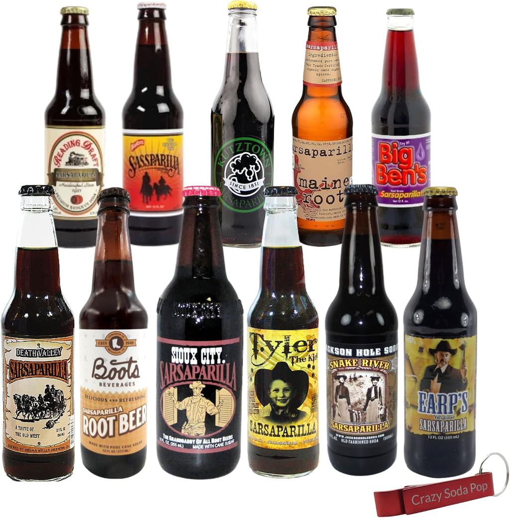 Sarsaparilla Soda Variety Sampler Pack | Premium Crafted Variety Pack from Around USA | Includes Crazy Soda Pop Bottle Opener (6 Pack)