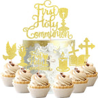 25 PCS First Holy Communion Cupcake Toppers Gold Glitter First Communion Cake Topper God Bless Dove Cross Cupcake Picks God Christian Baptism Theme Baby Shower Birthday Party Cake Decorations Supplies