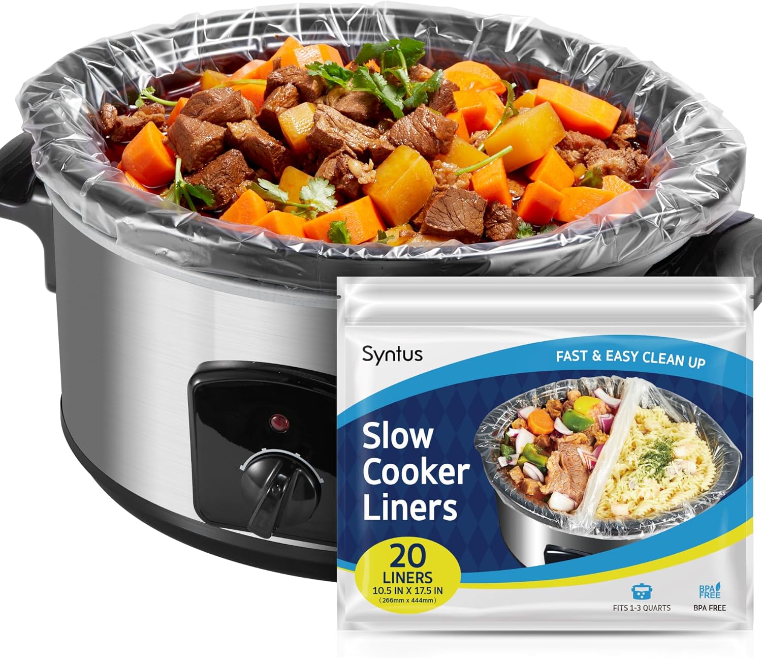 Syntus Crock Pot Liners, 20 Count 10.5" x 17.5" Small Size Slow Cooker Liners Fits 1-3 Quart Pots, Disposable Cooking Bags Suitable for Oval & Round & Retangular Crock Pot