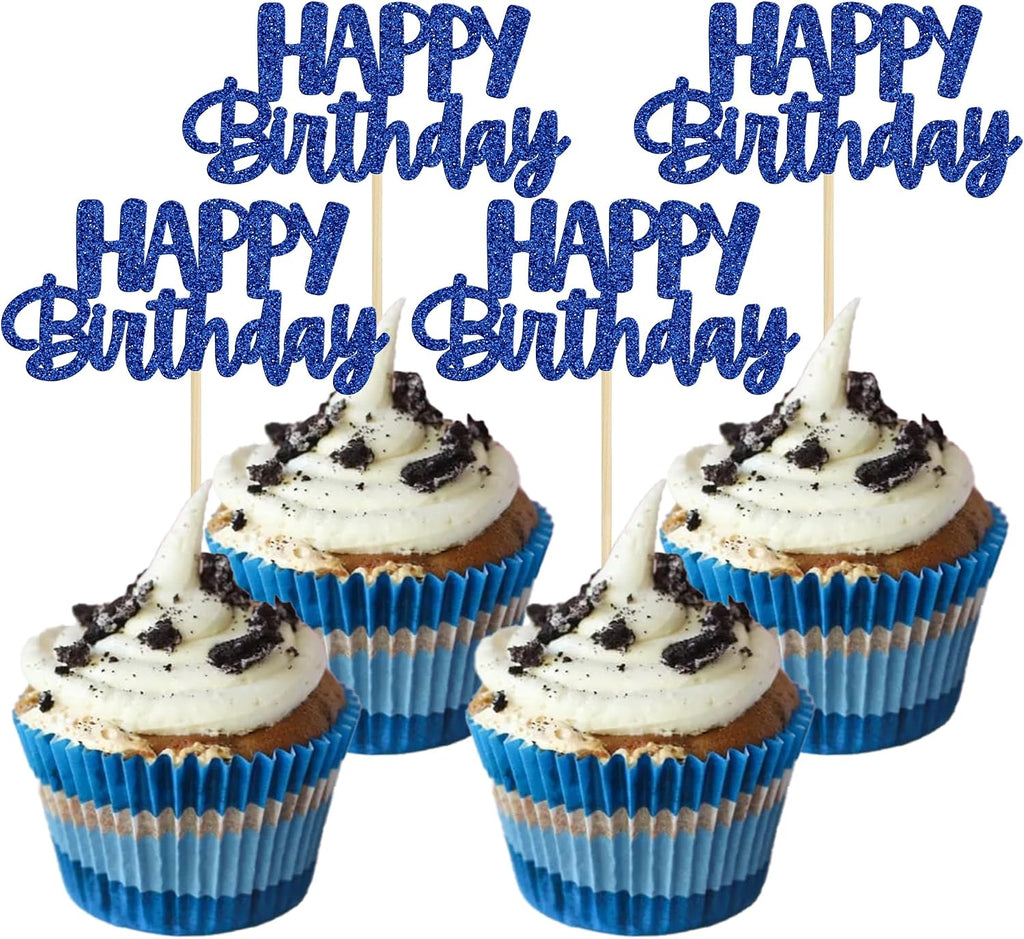 Gyufise 24Pcs Happy Birthday Cupcake Toppers Glitter Cupcake Food Picks for Celebrating Happy Birthday Theme Party Cake Decorations Supplies Deep Blue