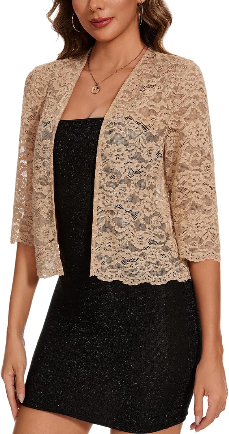 MINTLIMIT Women's Elegant 3/4 Sleeve Floral Lace Bolero Shrug Cropped Open Front Cardigan Shrug Tops