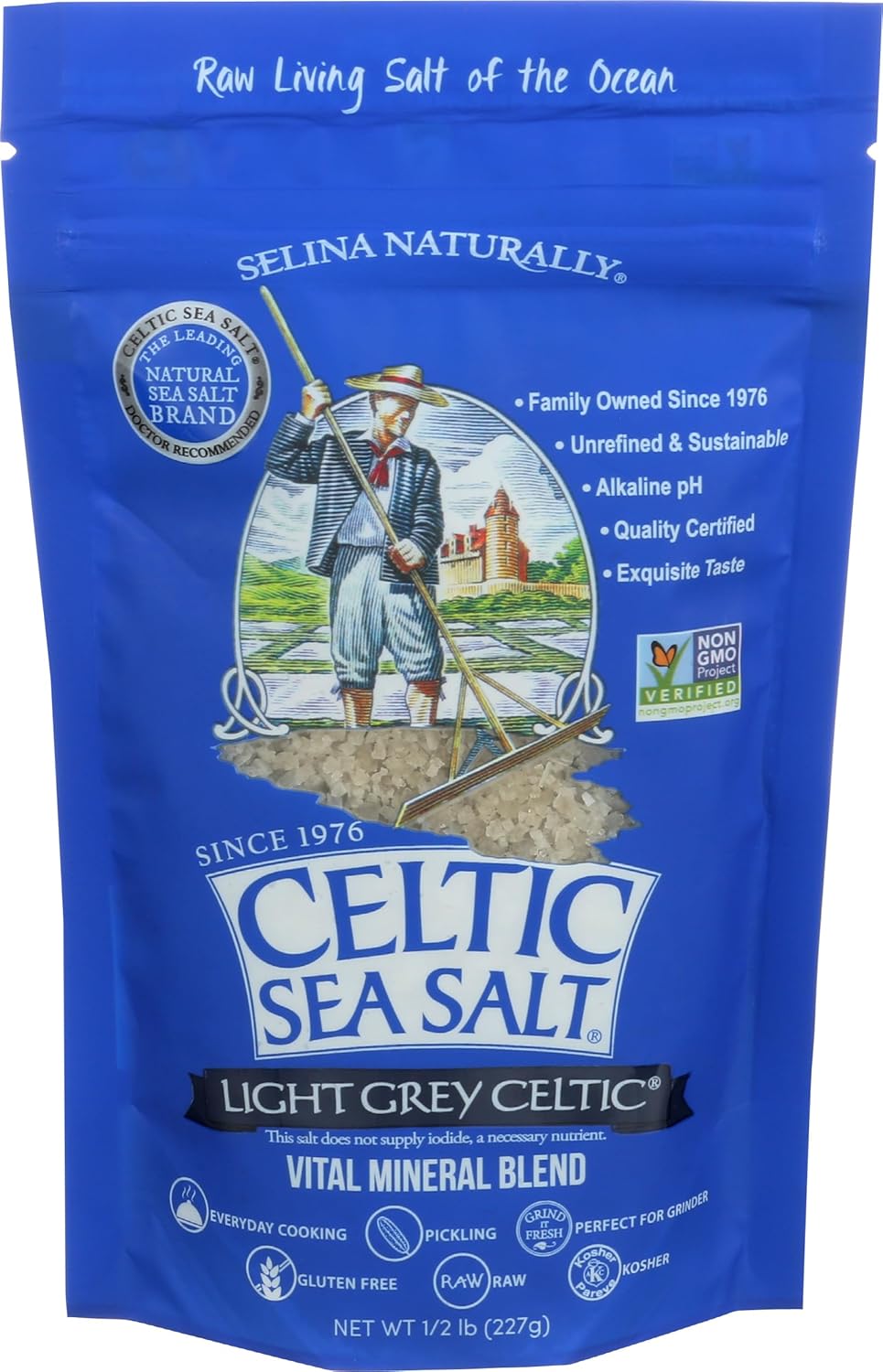 Celtic Sea Salt Light Grey Coarse – Unrefined Mineral Salt, 70+ Trace Minerals, Sustainably Harvested, GMP Certified, Kosher – Cooking, Finishing, Hydration, Grinder Use – ½ Pound Resealable Bag