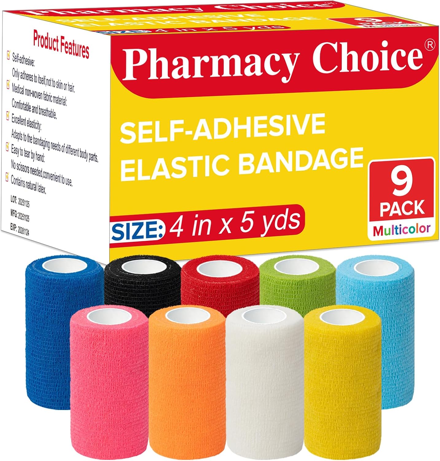 Self Adhesive Bandage Wrap, 4" X 5 Yards Elastic Cohesive Bandage Wrap, Color Athletic Tape, Vet Wrap, Ankle Tape,Non-Woven Cohesive Bandage,9 Pack