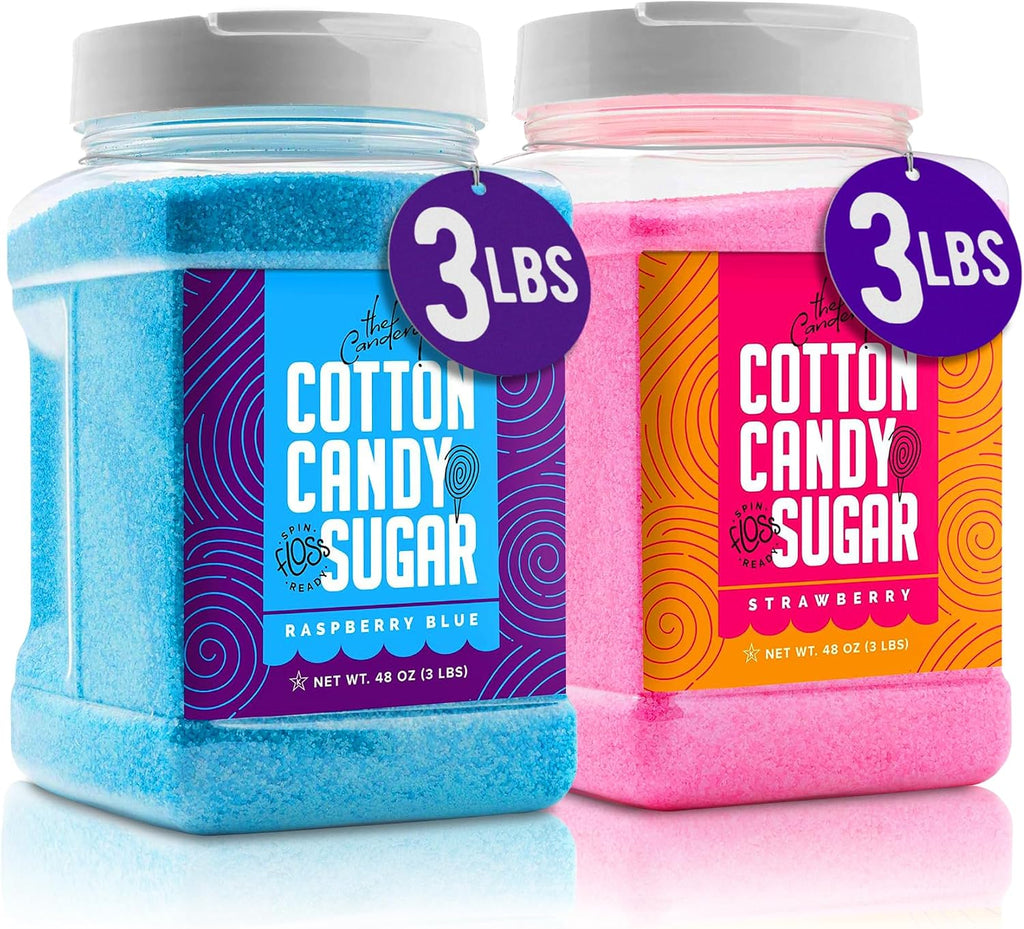 The Candery Cotton Candy Floss Sugar (2-Pack) Includes | Raspberry Blue and Strawberry | Plastic, Reusable Jars | Easy Pour Spout or Scoop | 3 LBS Jars