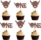 Ercadio 24 Pack Highland Cow One Cupcake Toppers Glitter Farm Animals Brown Highland Cattle Cake Picks Gender Reveal Theme Baby Shower Kids Boys Girls Birthday Party Cake Decorations Supplies