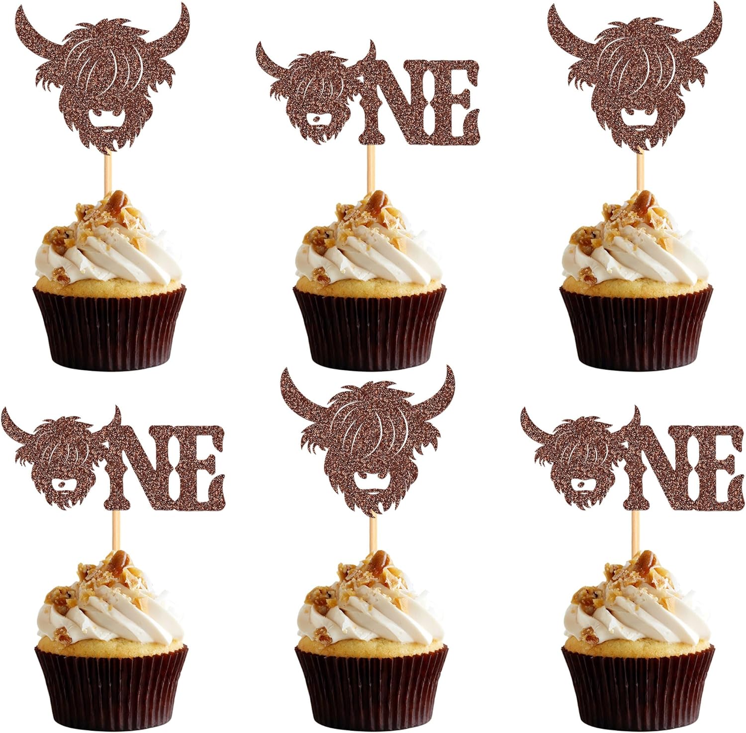 Ercadio 24 Pack Highland Cow One Cupcake Toppers Glitter Farm Animals Brown Highland Cattle Cake Picks Gender Reveal Theme Baby Shower Kids Boys Girls Birthday Party Cake Decorations Supplies