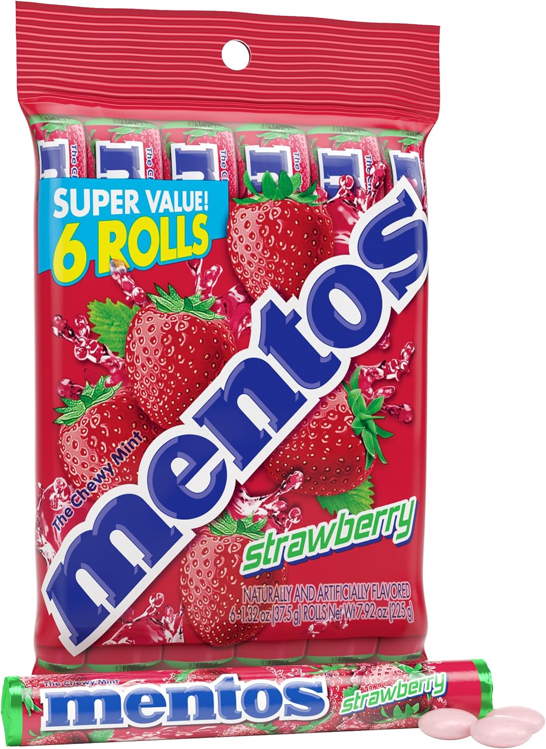 Mentos Strawberry Chewy Mint Candy Roll, 14 Pieces Per Roll, 6 Count Party Pack