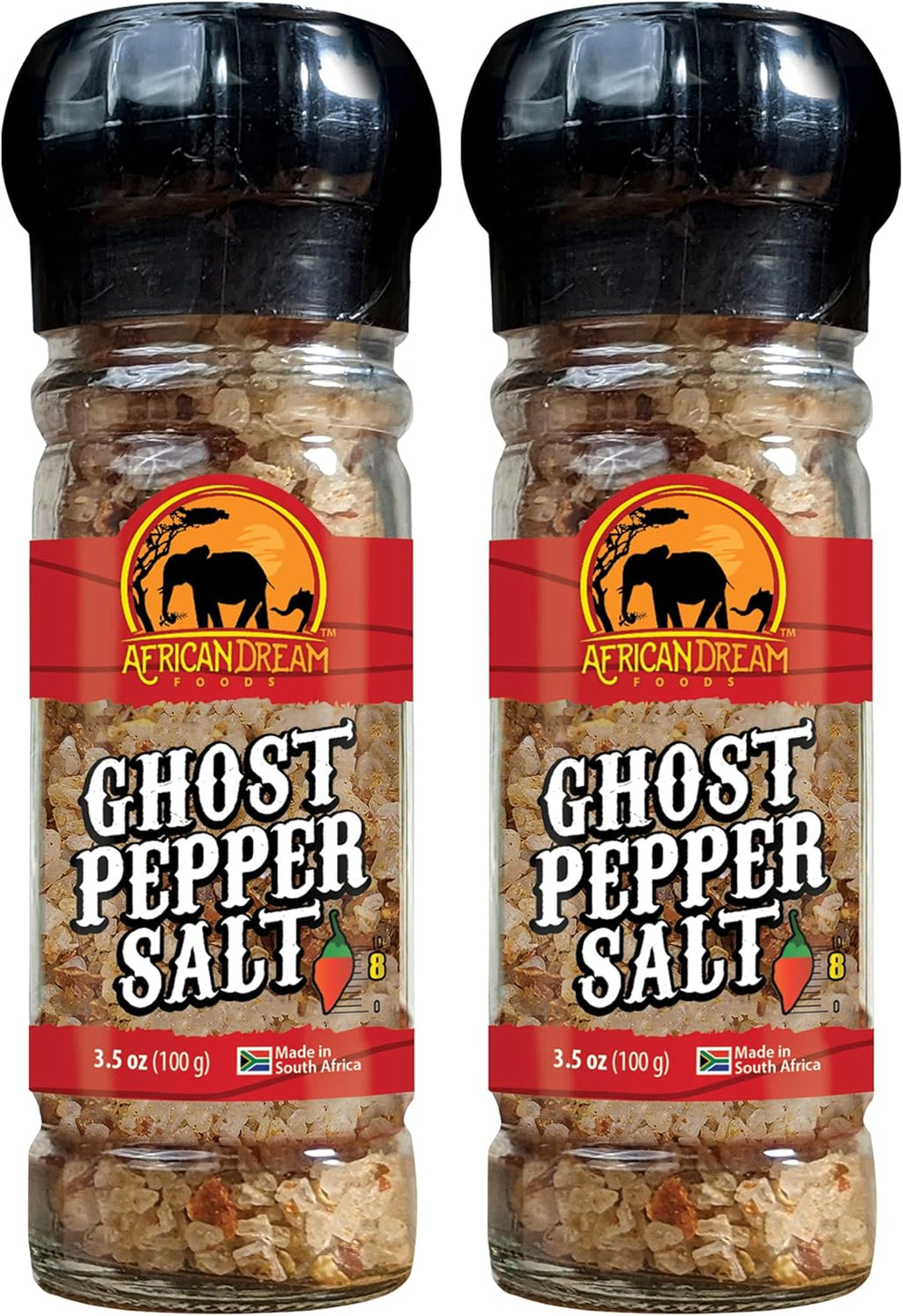 Ghost Pepper Salt Seasoning by African Dream Foods | Spicy Chili Salt with only Natural Hot Ghost Peppers & Sea Salt | Ideal for Meat, Chicken, Seafood | Reusable Grinder, 3.5 oz | 2-Pack
