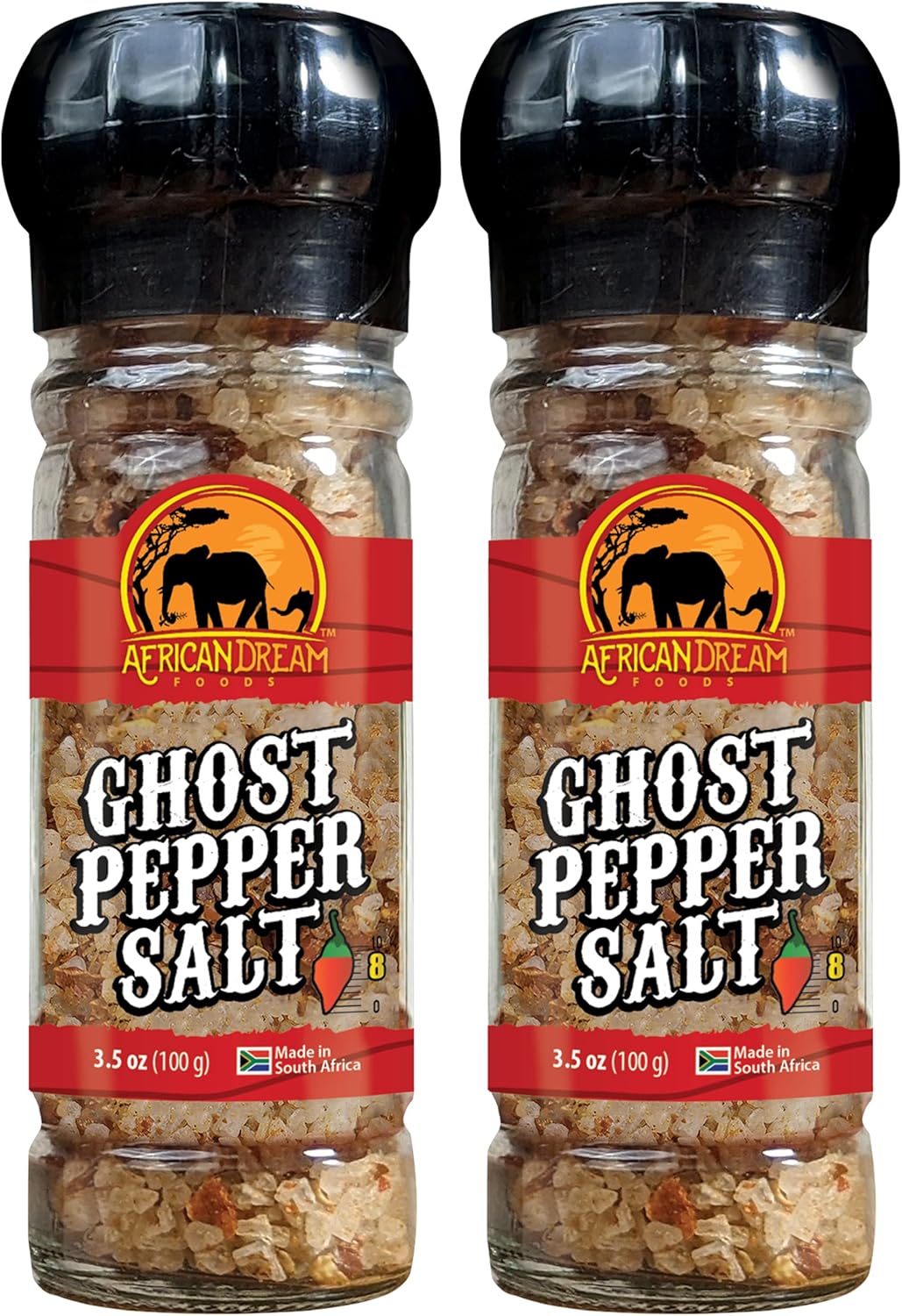 Ghost Pepper Salt Seasoning by African Dream Foods | Spicy Chili Salt with only Natural Hot Ghost Peppers & Sea Salt | Ideal for Meat, Chicken, Seafood | Reusable Grinder, 3.5 oz | 2-Pack