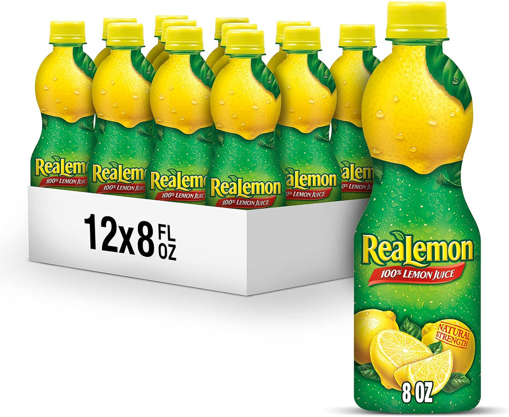 ReaLemon 100% Lemon Juice, 8 fl oz bottle (Pack of 12), Made with Lemon Juice from Concentrate, Gluten-Free, Sodium Free, Perfect Mixer to add to Cocktails and Marinades