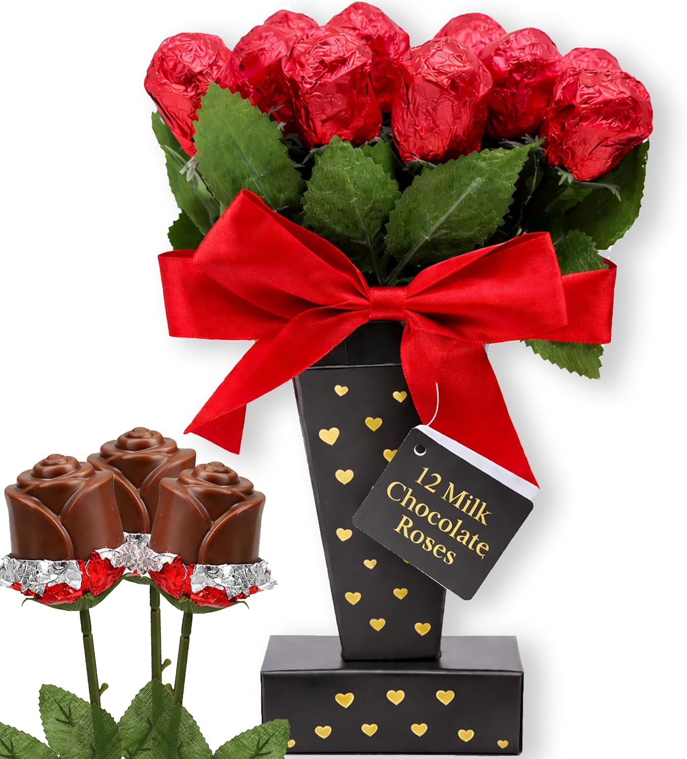 Mother's Day Chocolate Roses Gift Box, A Dozen Belgian Milk Chocolate Roses in Red Foils, Individually Wrapped Chocolate Candy Food Gift, Edible Flower Bouquet Gift Basket for Her, Mother, Wife