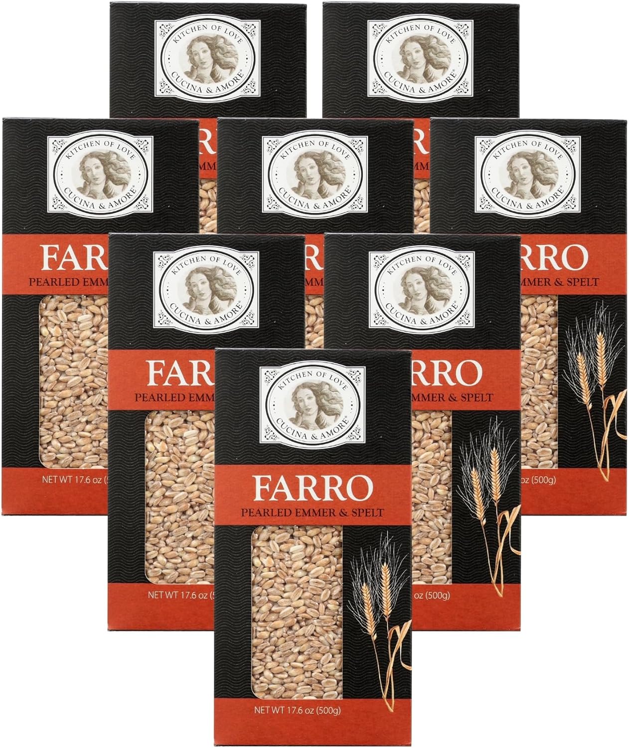 Cucina & Amore Pearled Farro from Italy 17.6 oz Pack of 8 | Non-GMO, Whole Grain, High in Fiber, Vegan, Kosher| Perfect for Soups, Salads, and More | Vacuum Packed