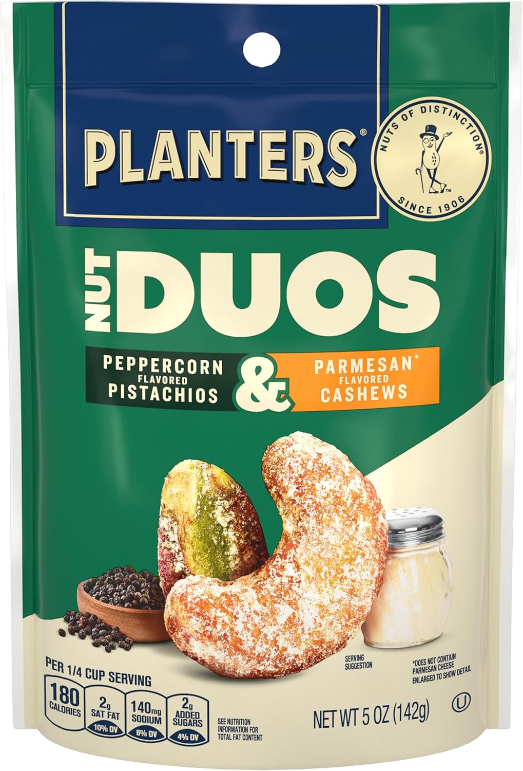 PLANTERS Nut Duos, Flavored Nuts, Peppercorn Pistachios & Parmesan Cashews 5oz