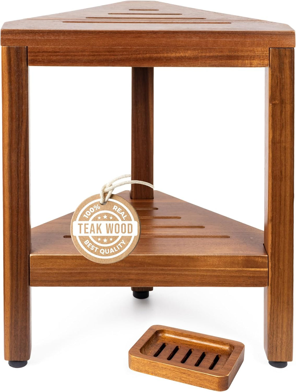 Teak Corner Shower Bench with Matching Soap Holder - Sturdy Waterproof Bathroom Stool Chair with Storage Shelf for Bathing Supplies - Bath Seat and Foot Rest for Shaving Legs - 15" x 15" x 18"