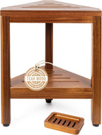 Teak Corner Shower Bench with Matching Soap Holder - Sturdy Waterproof Bathroom Stool Chair with Storage Shelf for Bathing Supplies - Bath Seat and Foot Rest for Shaving Legs - 15" x 15" x 18"