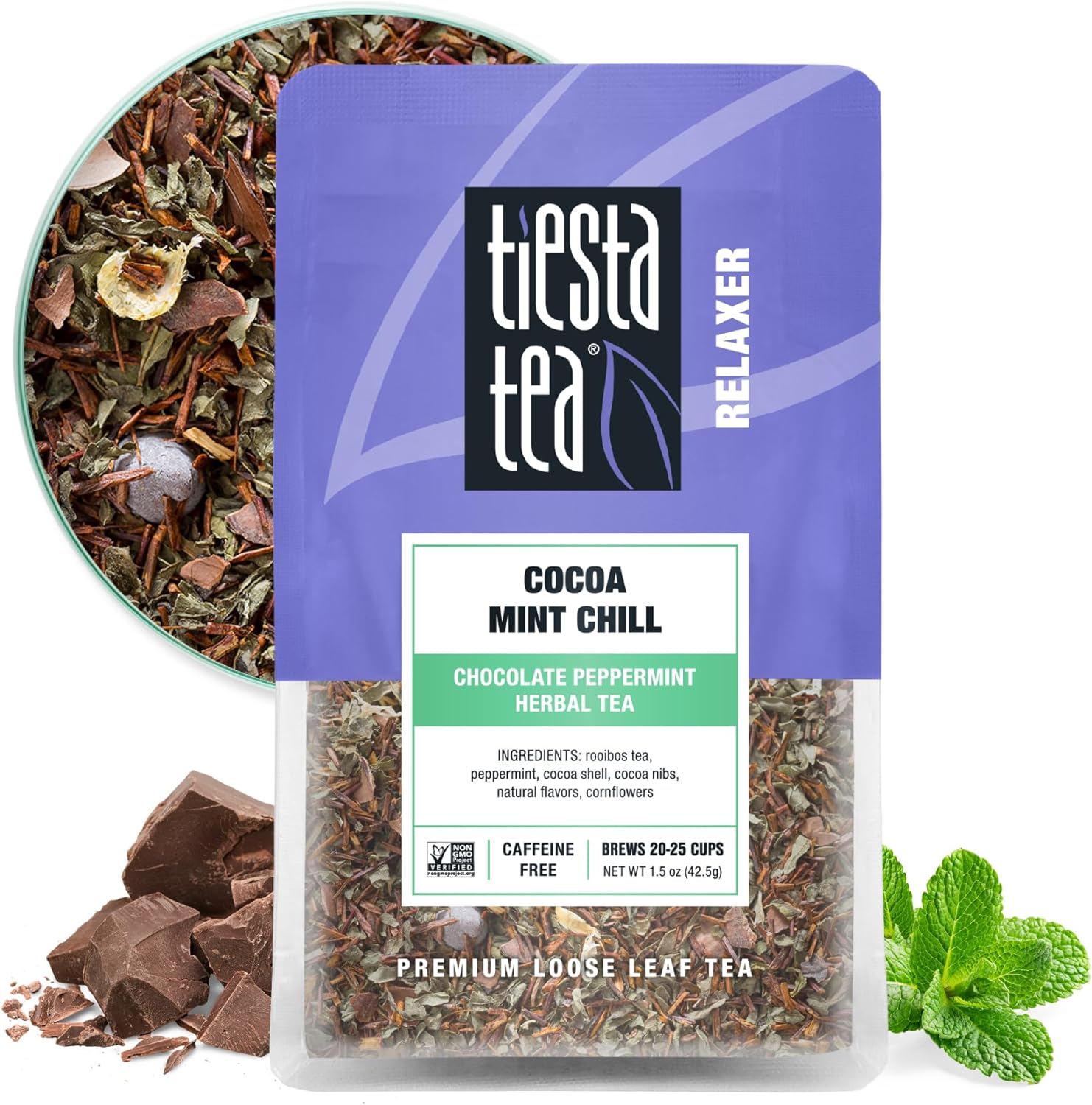 Tiesta Tea Cocoa Mint Chill Loose Leaf Tea, Chocolate Peppermint Herbal Rooibos Blend, Non-Caffeinated, Real Fruit, Herbs, Spices, Hot or Iced Brew, Makes Up to 25 Cups, Resealable Pouch, 1.5 Ounce