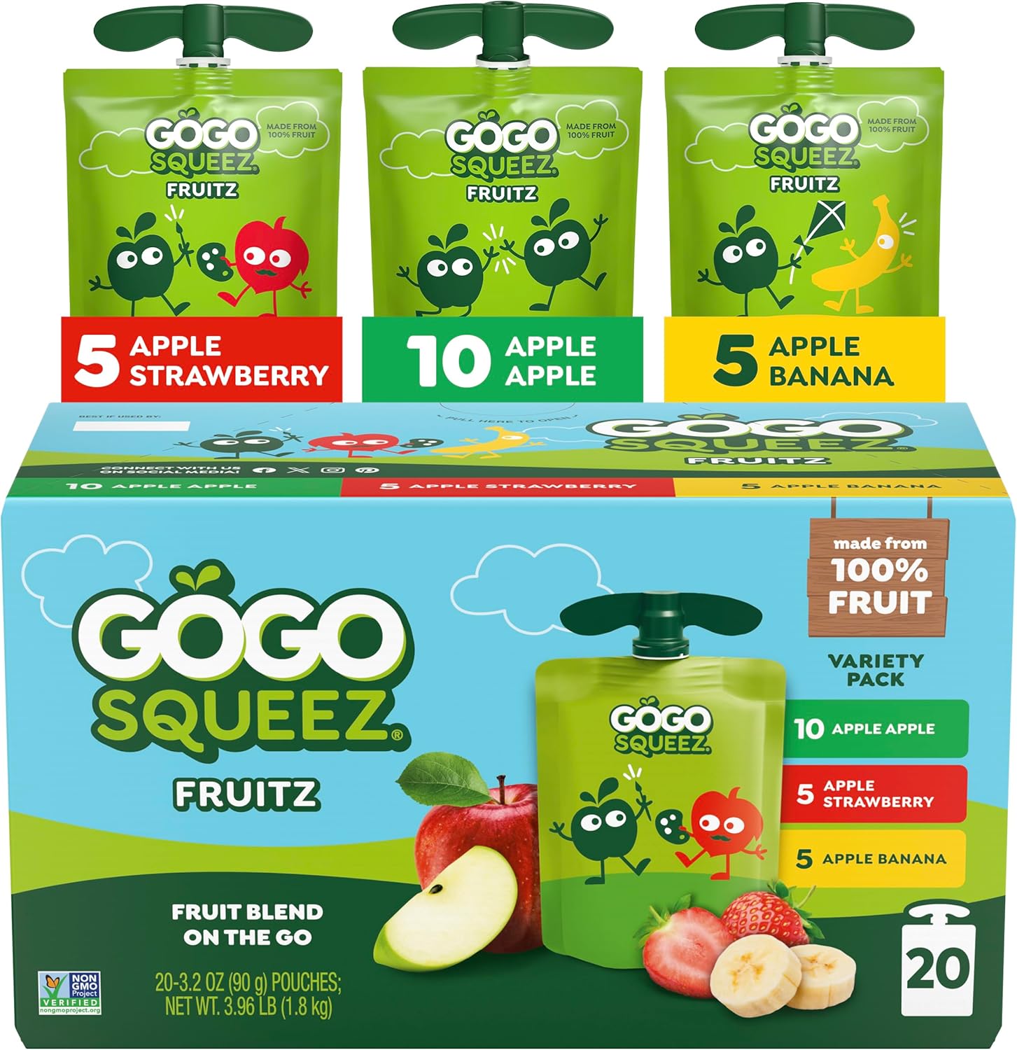 GoGo squeeZ No Sugar Added Applesauce and Fruit Puree Variety Pack, Apple, Banana & Strawberry, 3.2 oz Pouches (Pack of 20), Fruit Snacks for Kids, Gluten Free, Nut Free, Recloseable Cap, BPA Free