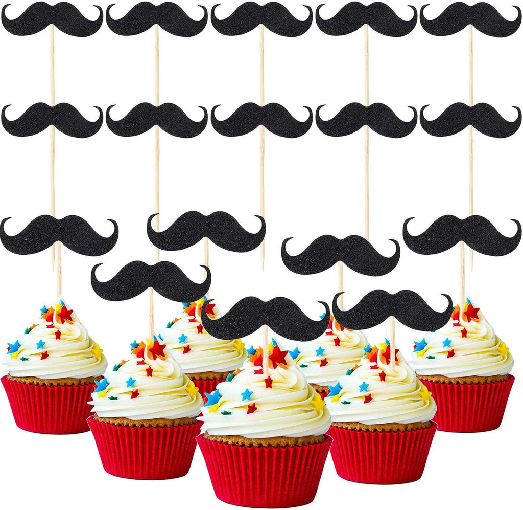50 Pieces Mustache Cupcake Toppers Mustache Birthday Cake Topper Black Glitter Mustache Dessert Toppers for Baby Shower Kid's Birthday Party Decorations
