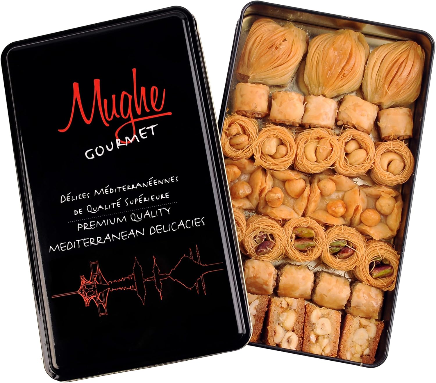Mughe Gourmet Assorted Baklava Pastry Gift Elegant Tin Box - 500g 1.1lb 32 pcs - Turkish Pistachio, Almond, Walnut, Cashew, Hazelnut Bite Size Gifts Baklawa Sweet - Perfect for Birthday, Fathers Day