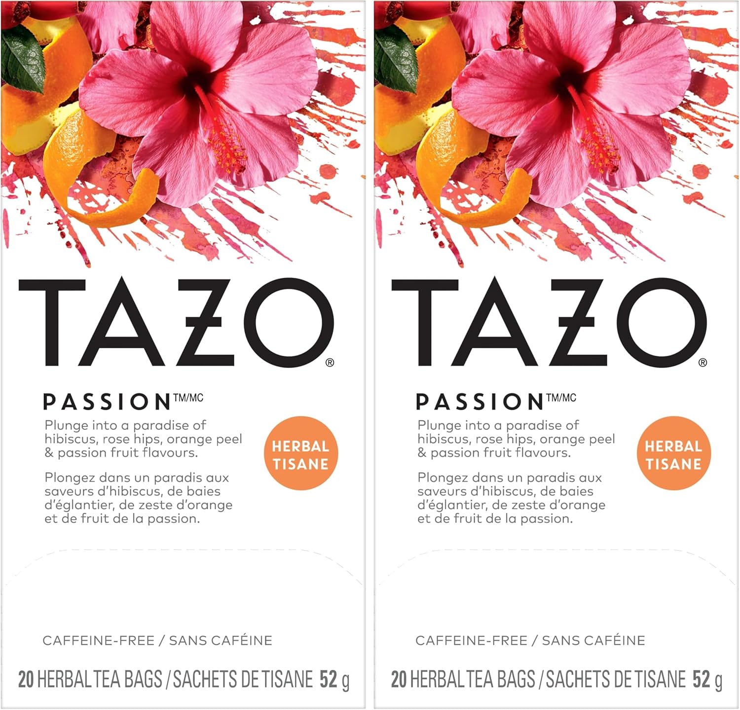 TAZO Passion Herbal Tea Bags,Hot or Iced,Caffeine Free,20 Tea Bags,(Pack of 2)