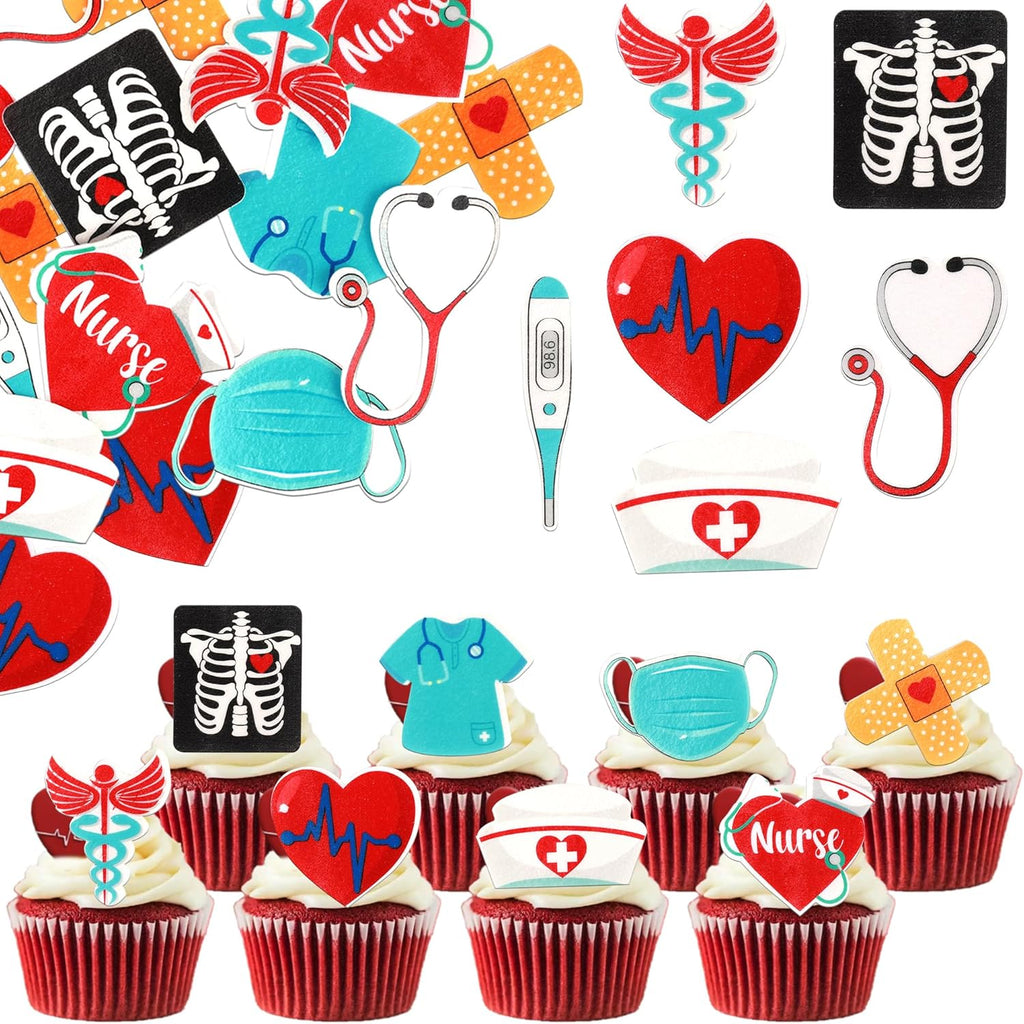 60 Pack Edible Nurse Cupcake Toppers Wafer Paper Nursing School Graduation Medical Instruments Cupcake Picks Medical Rn Nurse Grad Birthday Cake Decorations Party Supplies Style 2