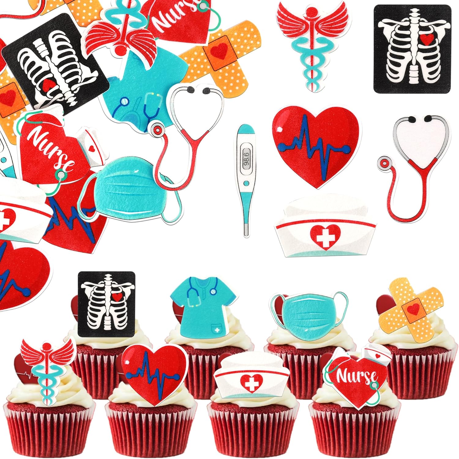 60 Pack Edible Nurse Cupcake Toppers Wafer Paper Nursing School Graduation Medical Instruments Cupcake Picks Medical Rn Nurse Grad Birthday Cake Decorations Party Supplies Style 2